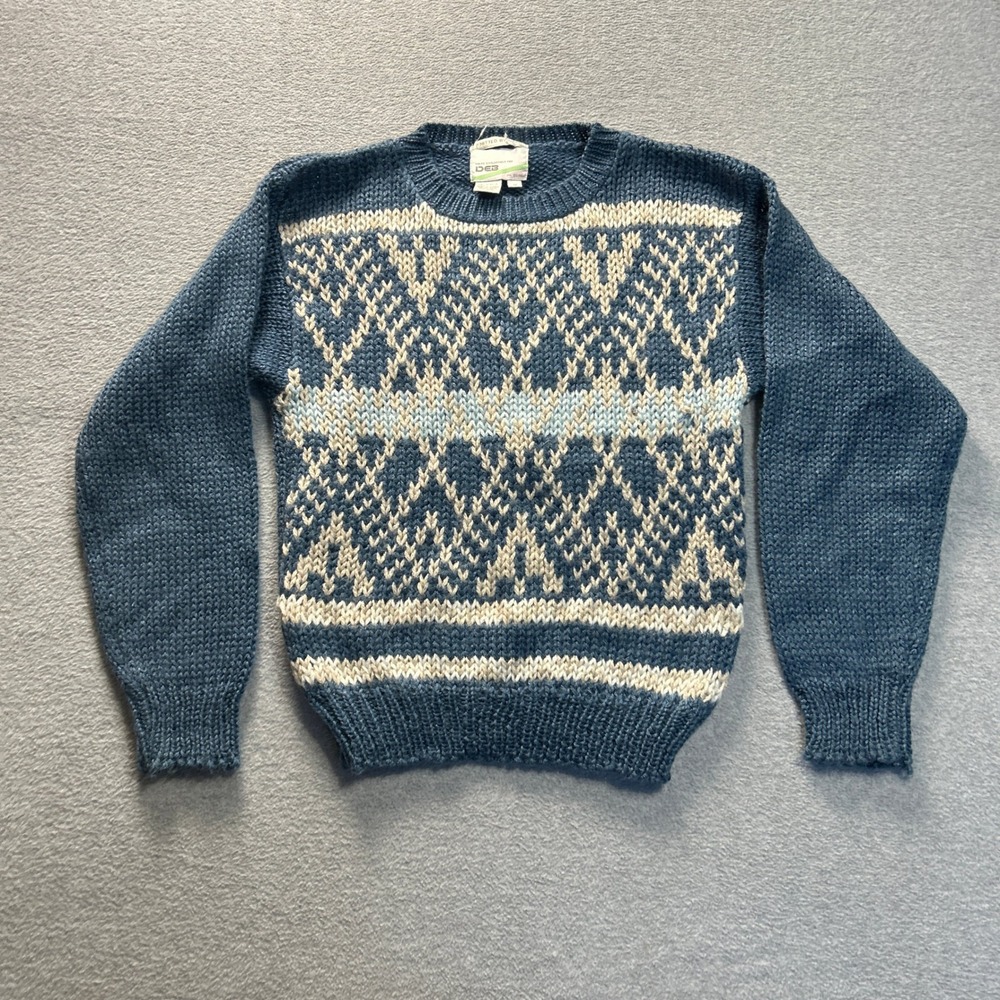 Vintage DEB Hand Knit Look Womens M Fair Isle Blue White Acrylic Sweater Korea